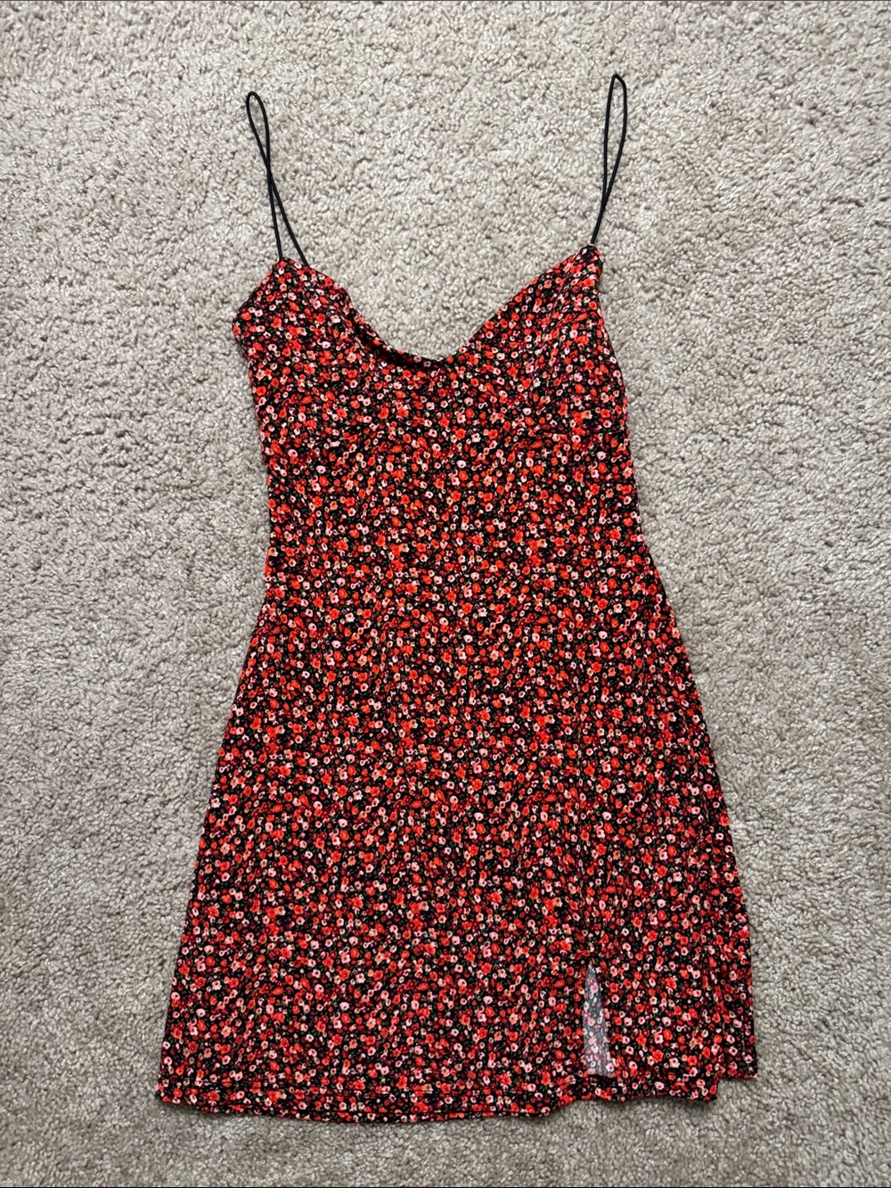 Women's Red Floral Slip Dress with Spaghetti Straps